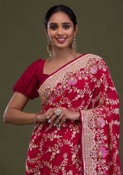 Red Threadwork Georgette Saree-Koskii