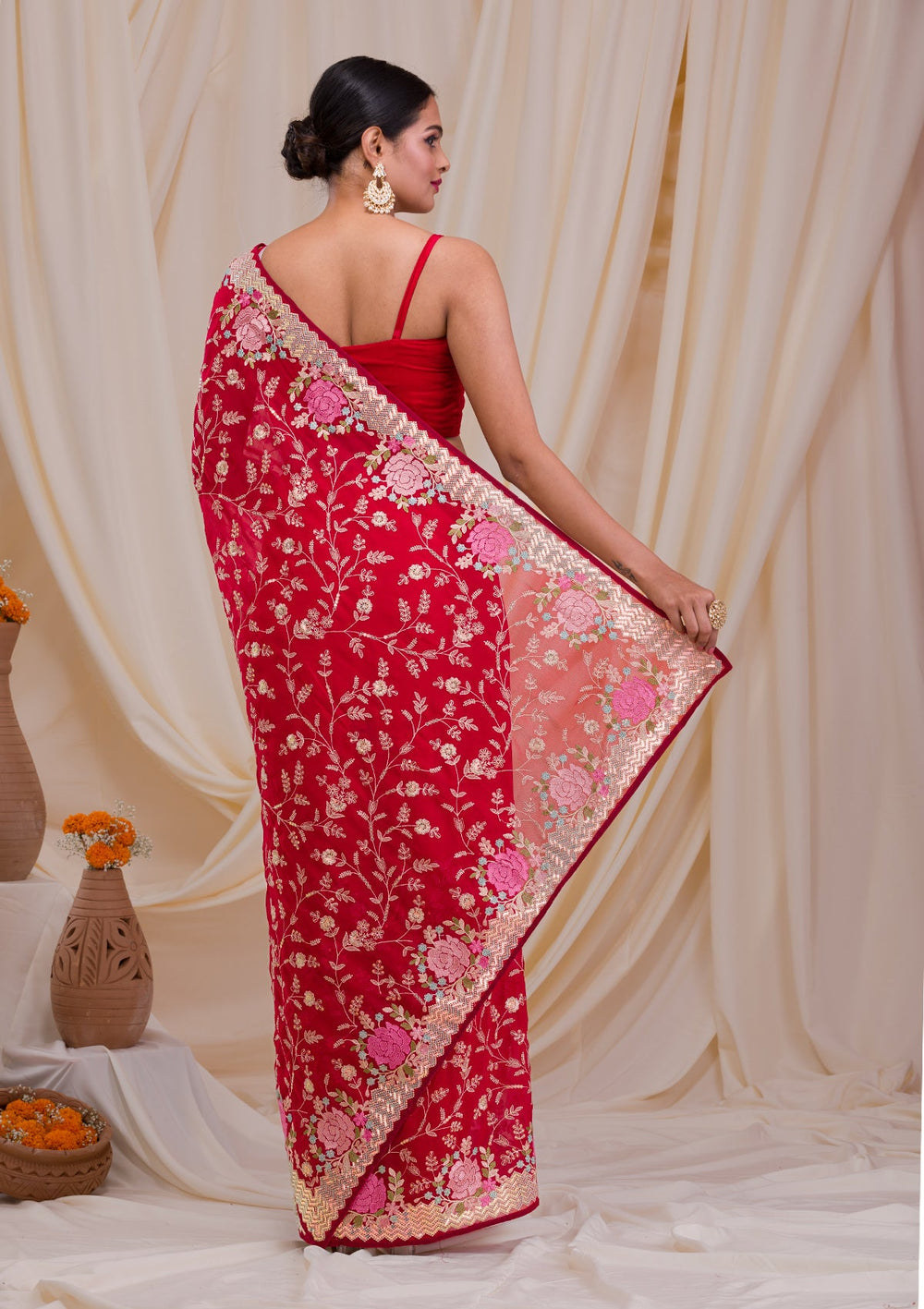 Red Threadwork Georgette Saree-Koskii