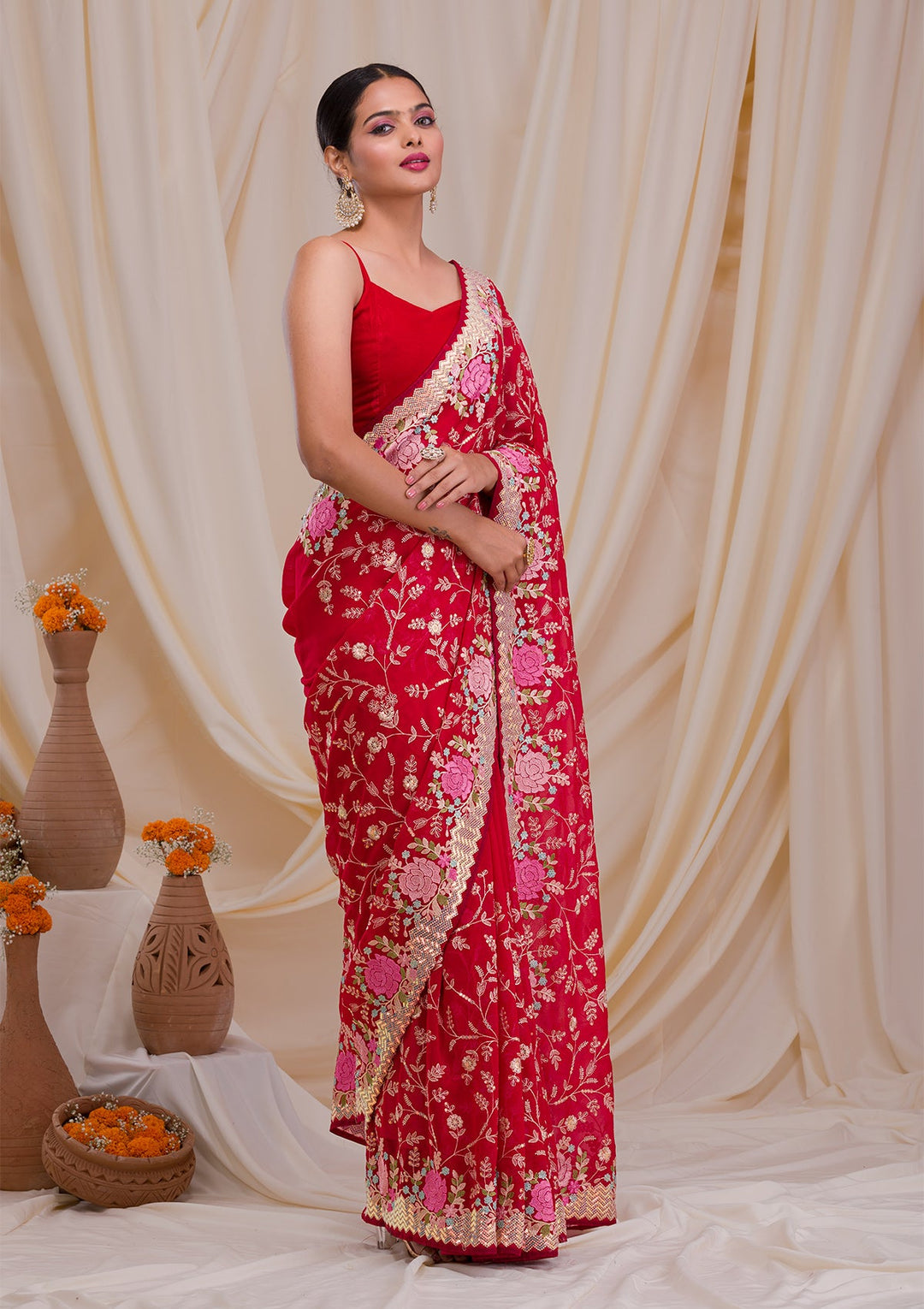 Red Threadwork Georgette Saree-Koskii
