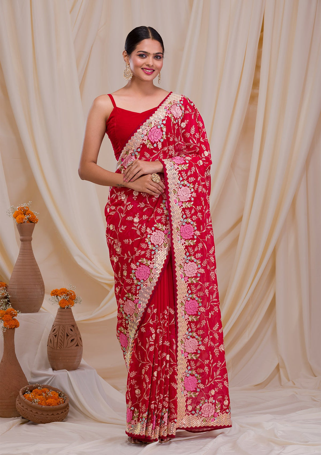 Red Threadwork Georgette Saree-Koskii