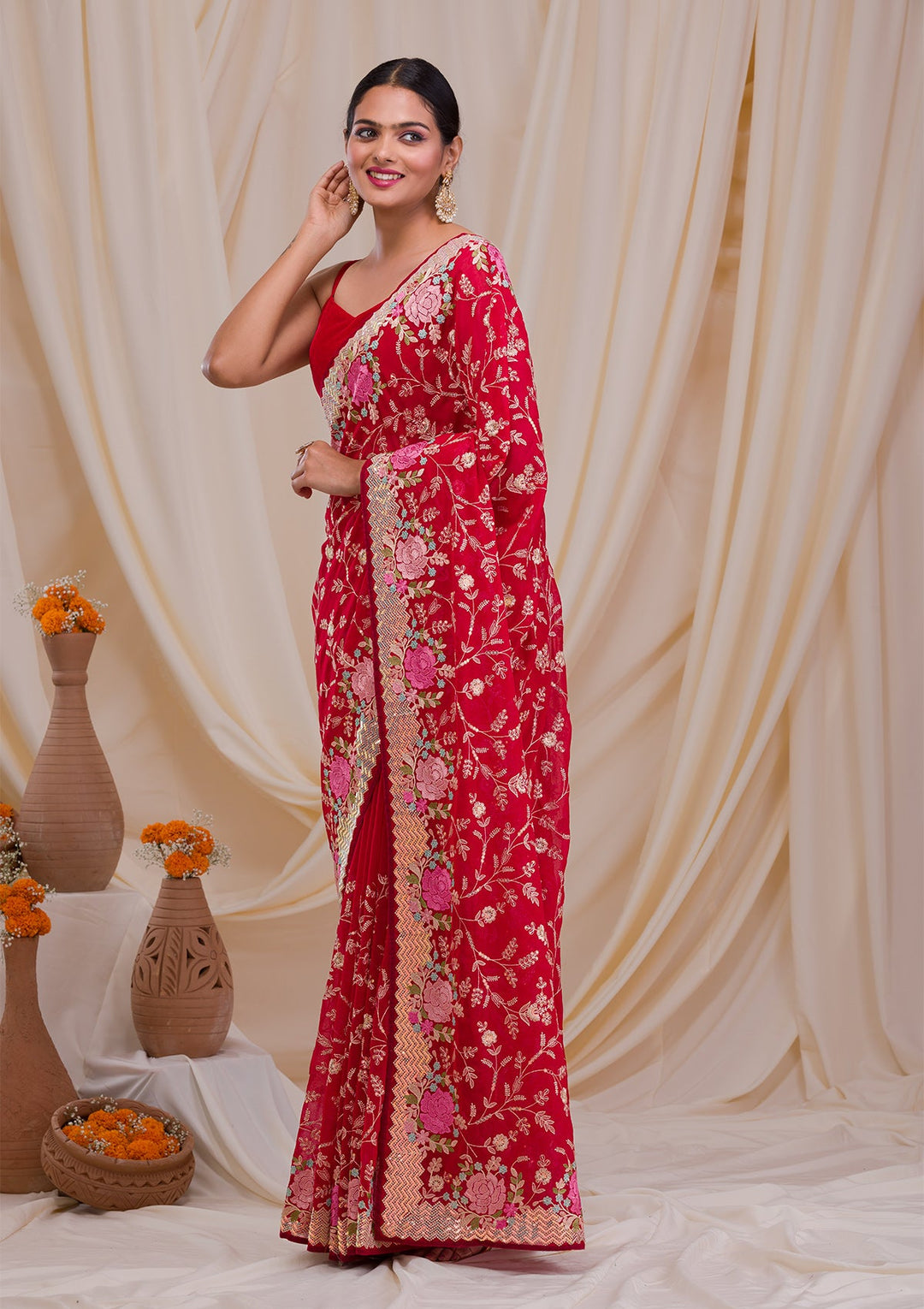 Red Threadwork Georgette Saree-Koskii