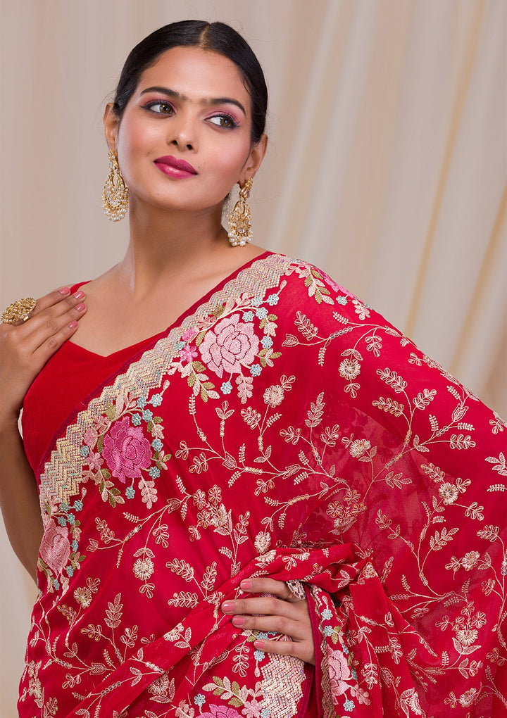 Red Threadwork Georgette Saree-Koskii