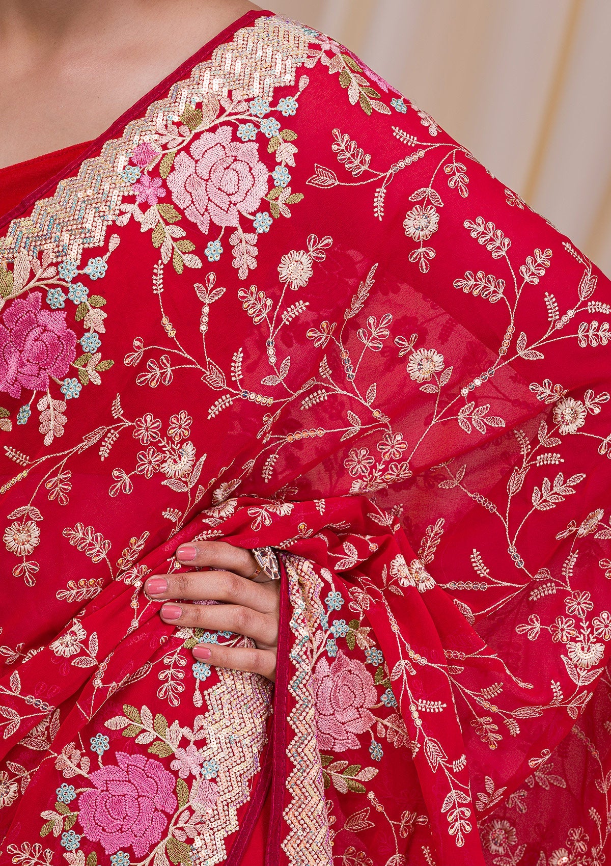 Red Threadwork Georgette Saree-Koskii