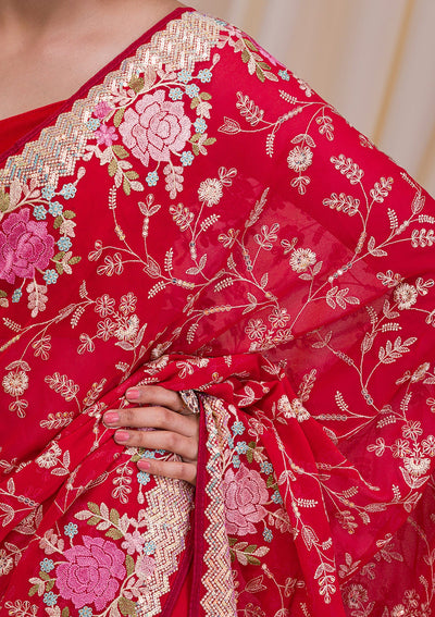 Red Threadwork Georgette Saree-Koskii