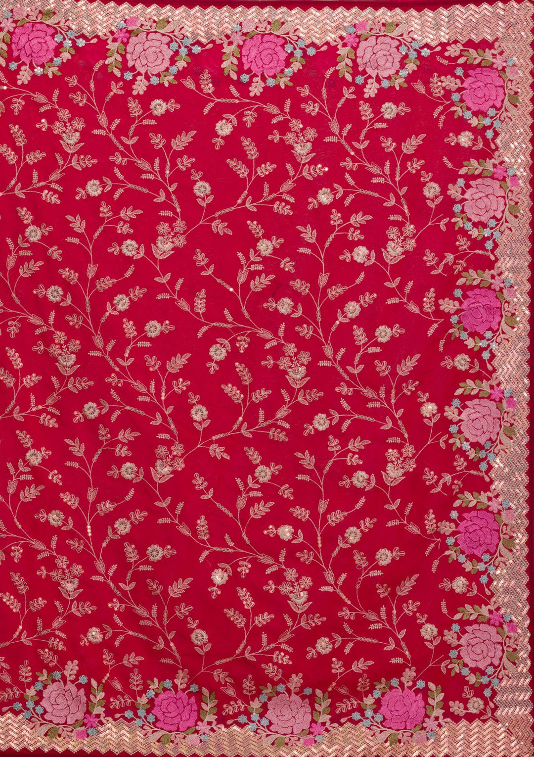 Red Threadwork Georgette Saree-Koskii
