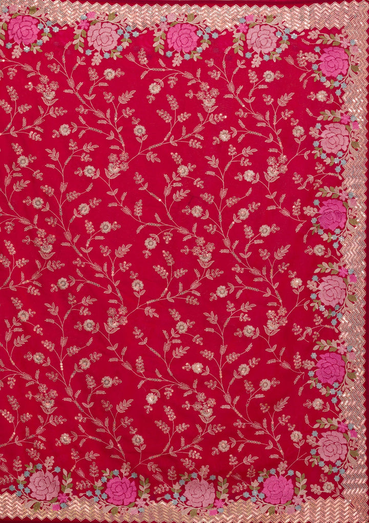 Red Threadwork Georgette Saree-Koskii