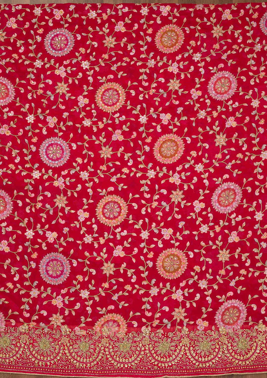 Red Threadwork Semi Crepe Unstitched Salwar Suit-Koskii