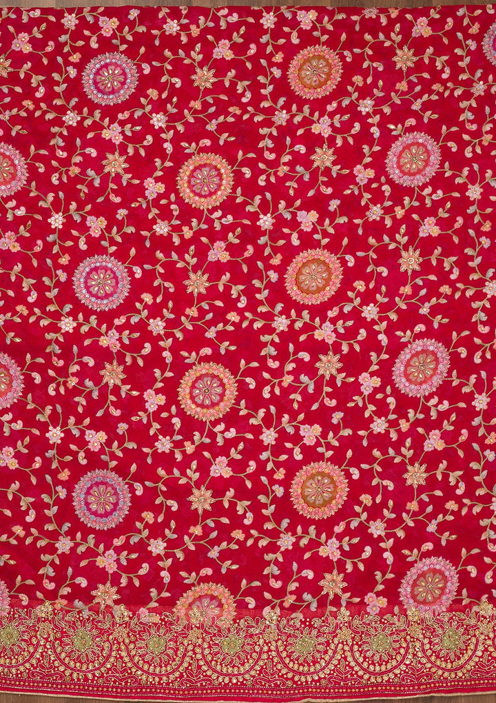 Red Threadwork Semi Crepe Unstitched Salwar Suit-Koskii