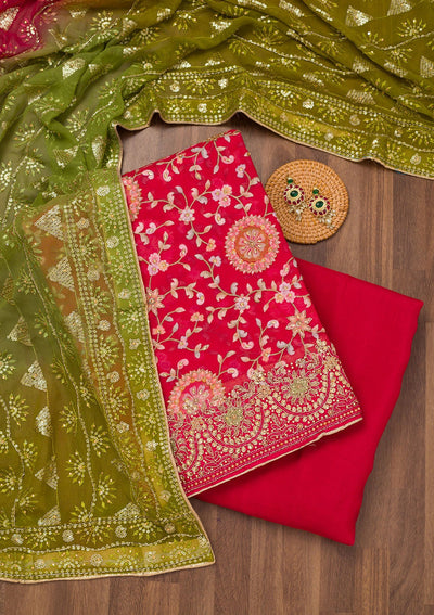 Red Threadwork Semi Crepe Unstitched Salwar Suit-Koskii