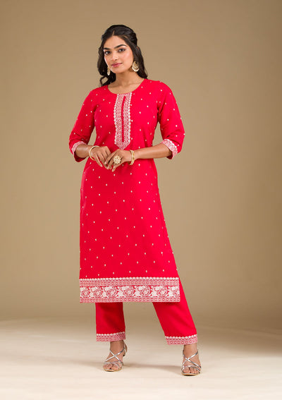 Red Threadwork Semi Crepe Readymade Salwar Suit-Koskii