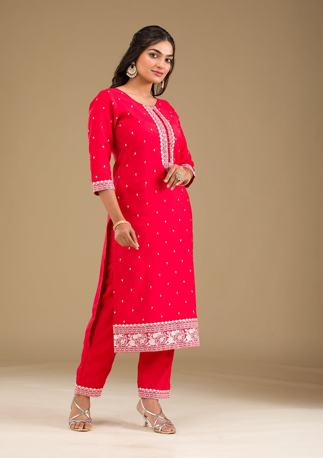 Red Threadwork Semi Crepe Readymade Salwar Suit-Koskii