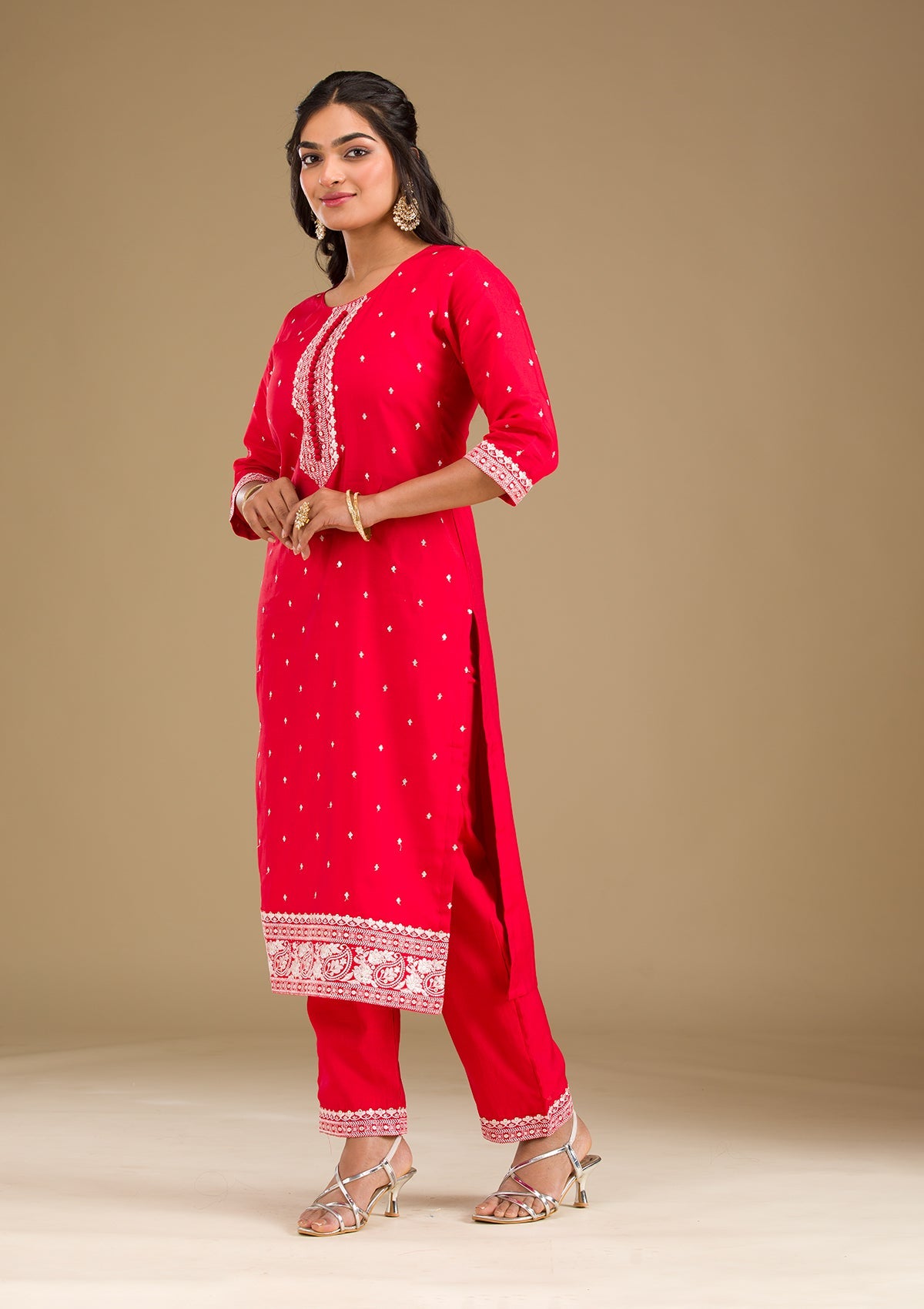 Red Threadwork Semi Crepe Readymade Salwar Suit-Koskii