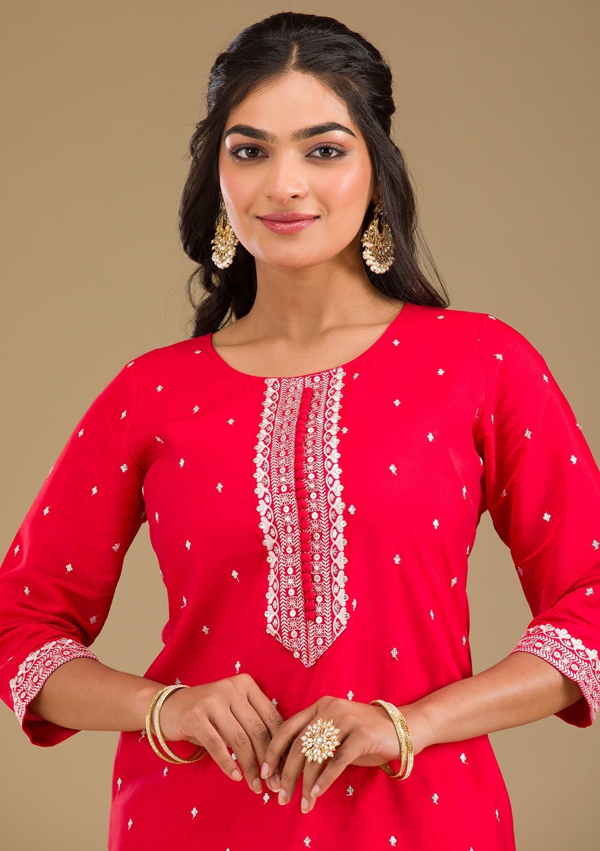 Red Threadwork Semi Crepe Readymade Salwar Suit-Koskii