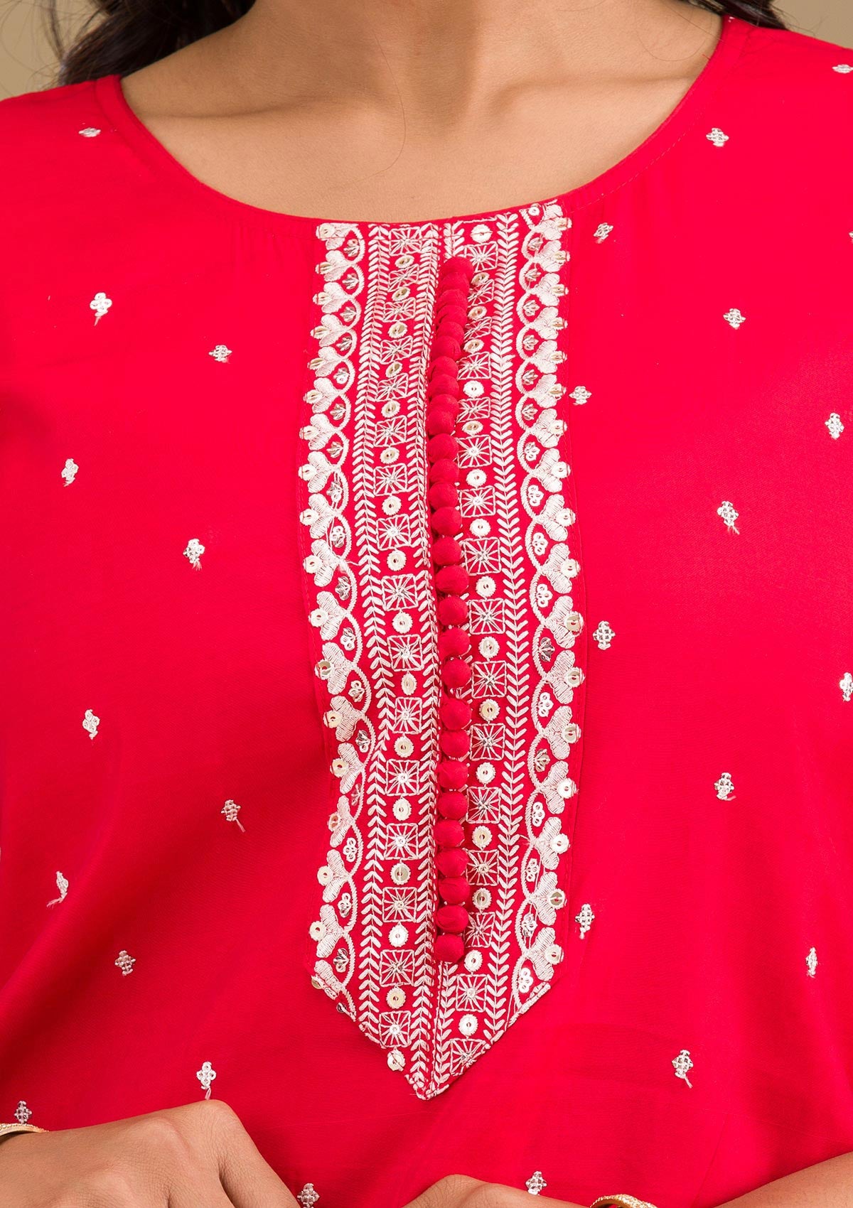 Red Threadwork Semi Crepe Readymade Salwar Suit-Koskii