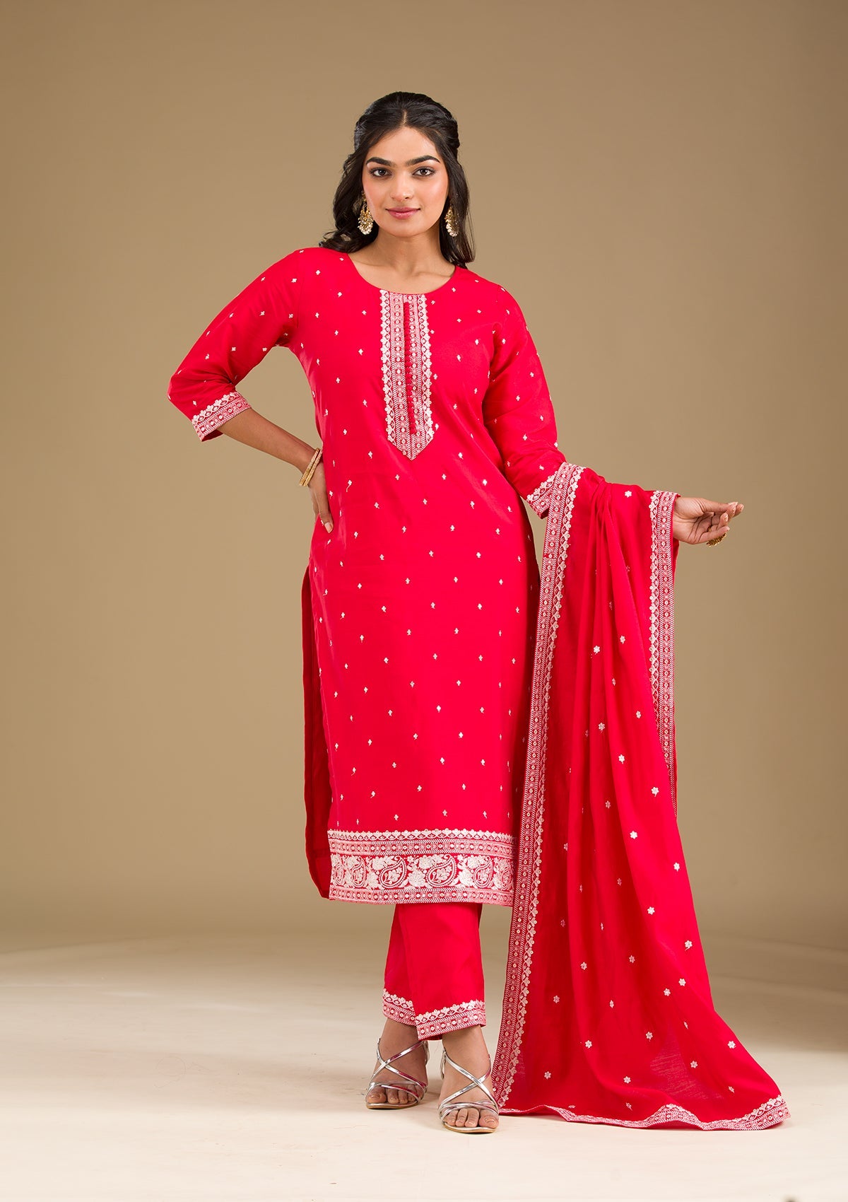 Red Threadwork Semi Crepe Readymade Salwar Suit-Koskii