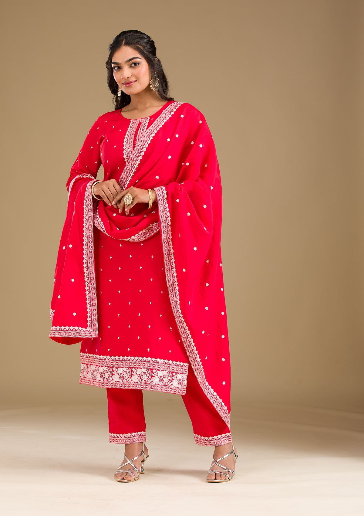 Red Threadwork Semi Crepe Readymade Salwar Suit-Koskii