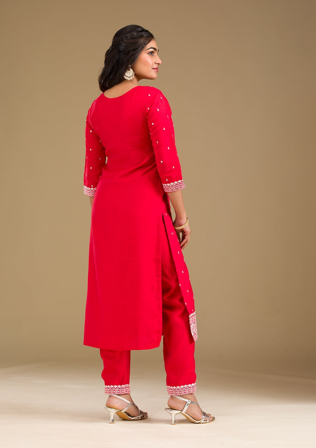 Red Threadwork Semi Crepe Readymade Salwar Suit-Koskii