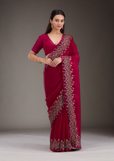 Red Threadwork Tissue Saree-Koskii