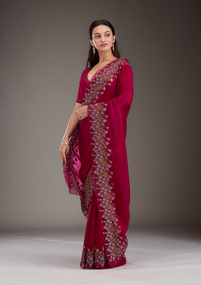 Red Threadwork Tissue Saree-Koskii