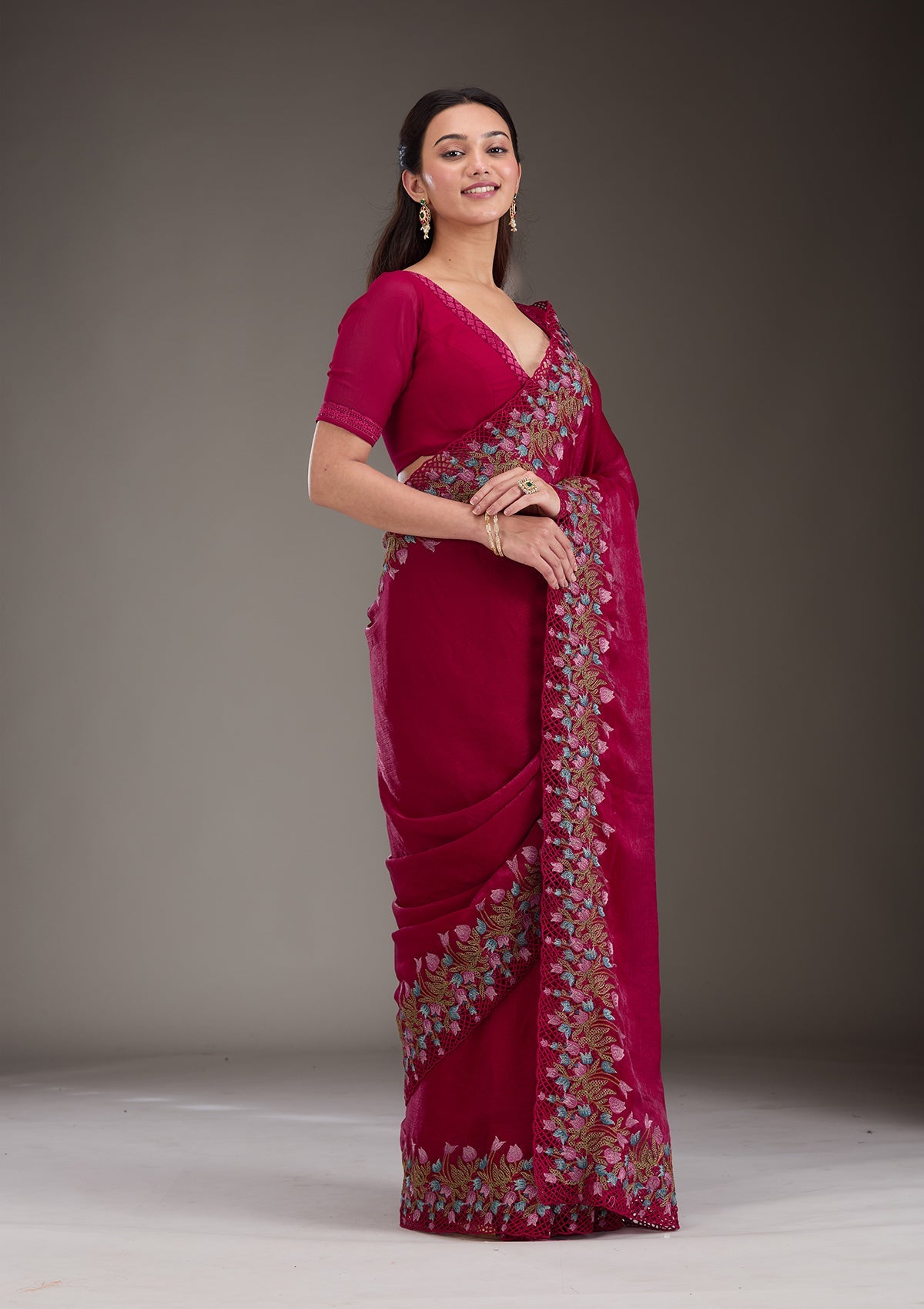 Red Threadwork Tissue Saree-Koskii