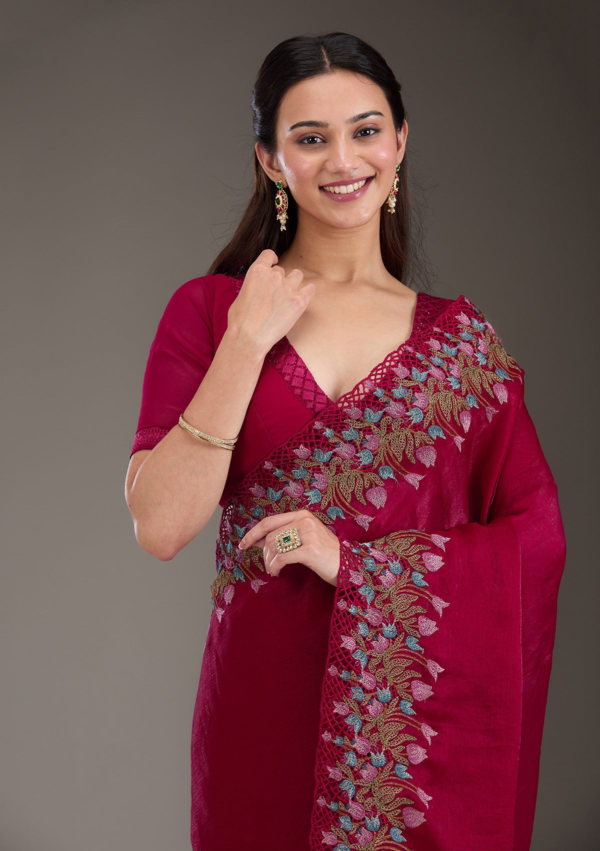 Red Threadwork Tissue Saree-Koskii