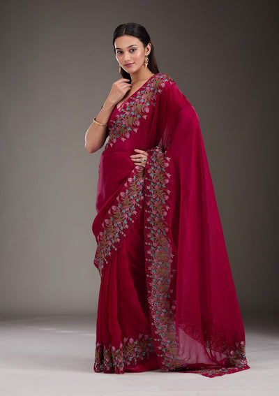 Red Threadwork Tissue Saree-Koskii