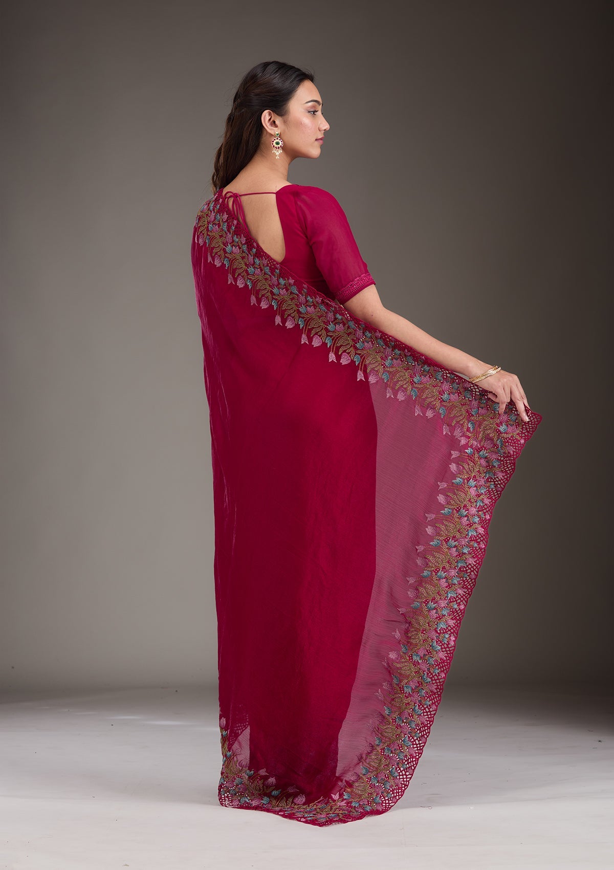 Red Threadwork Tissue Saree-Koskii