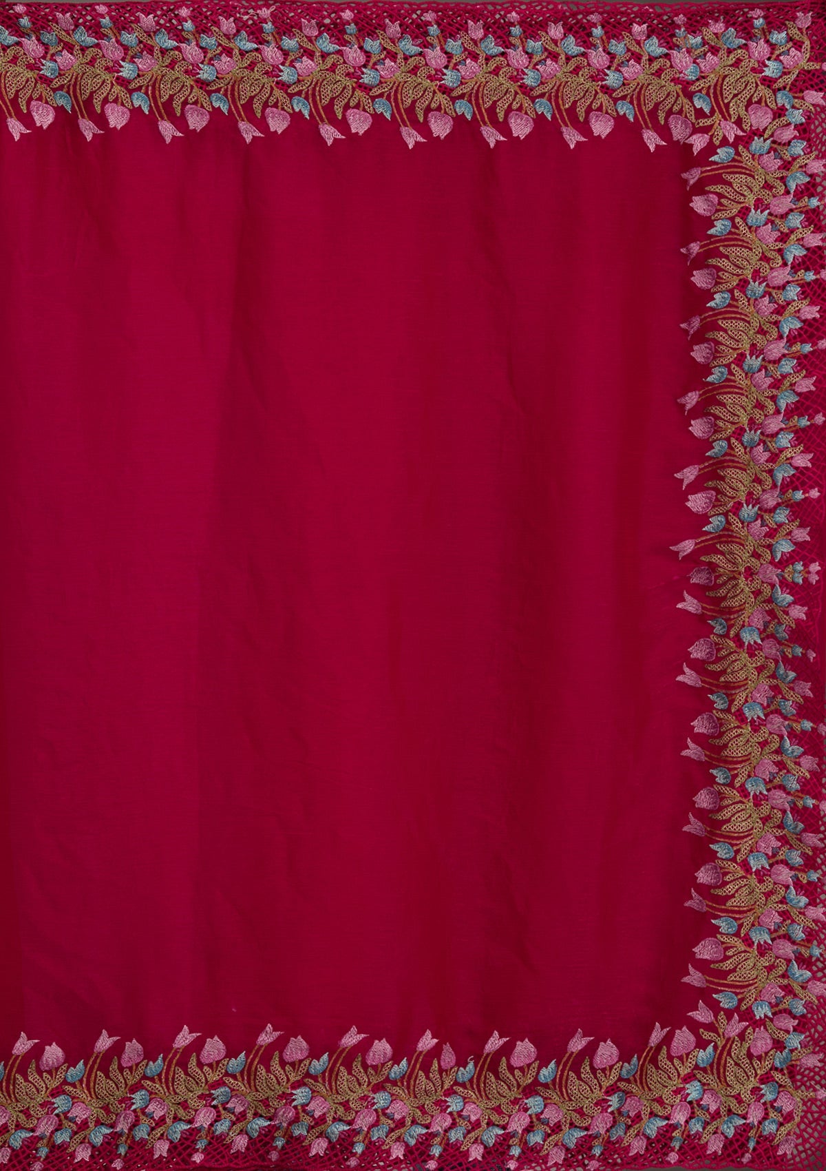 Red Threadwork Tissue Saree-Koskii