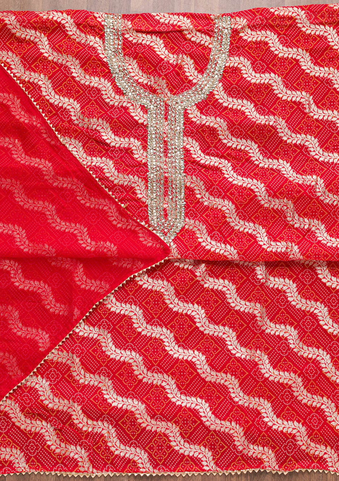 Red Zardosi Bandhini Unstitched Salwar Suit-Koskii