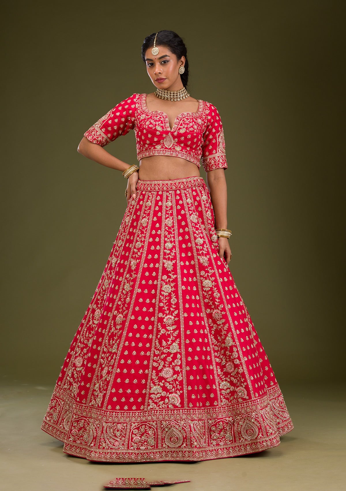 Red Zardosi Raw Silk Readymade Lehenga-Koskii