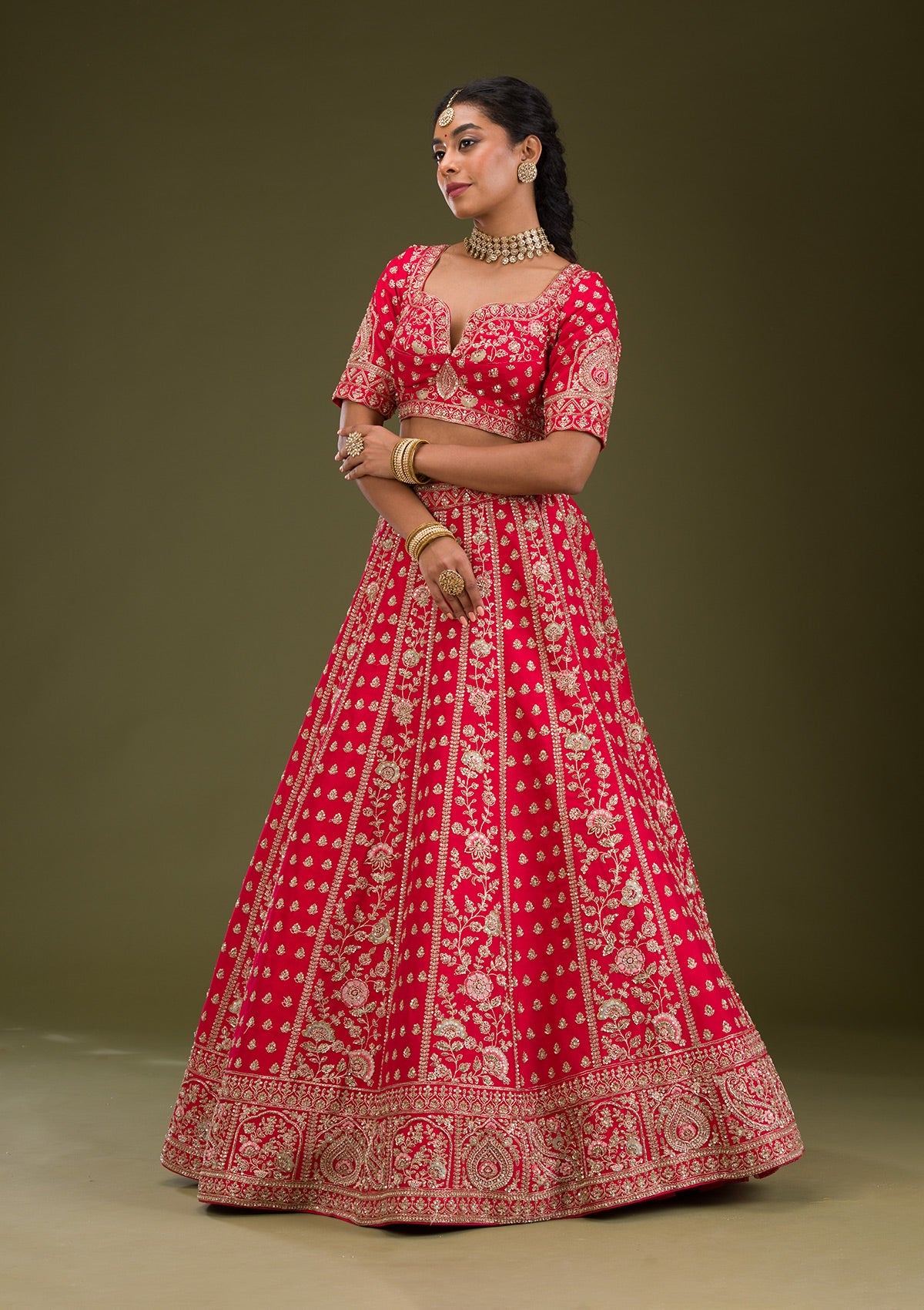 Red Zardosi Raw Silk Readymade Lehenga-Koskii