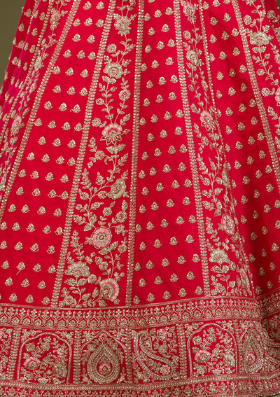 Red Zardosi Raw Silk Readymade Lehenga-Koskii