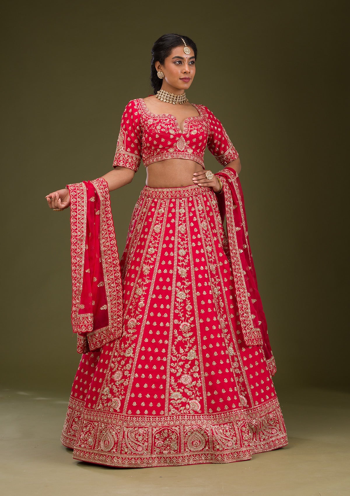 Red Zardosi Raw Silk Readymade Lehenga-Koskii