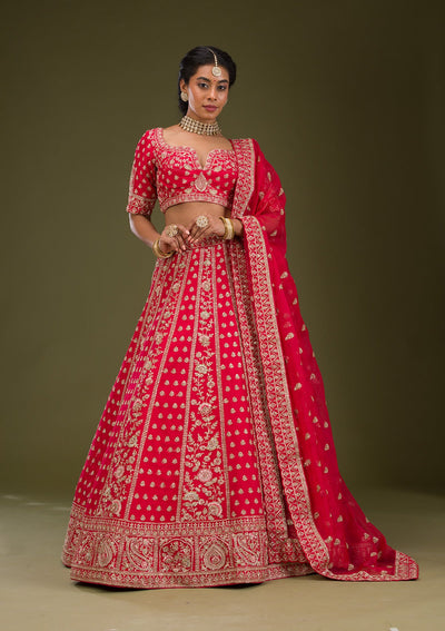 Red Zardosi Raw Silk Readymade Lehenga-Koskii