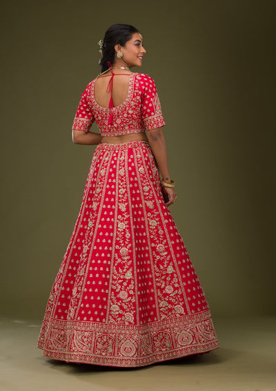 Red Zardosi Raw Silk Readymade Lehenga-Koskii