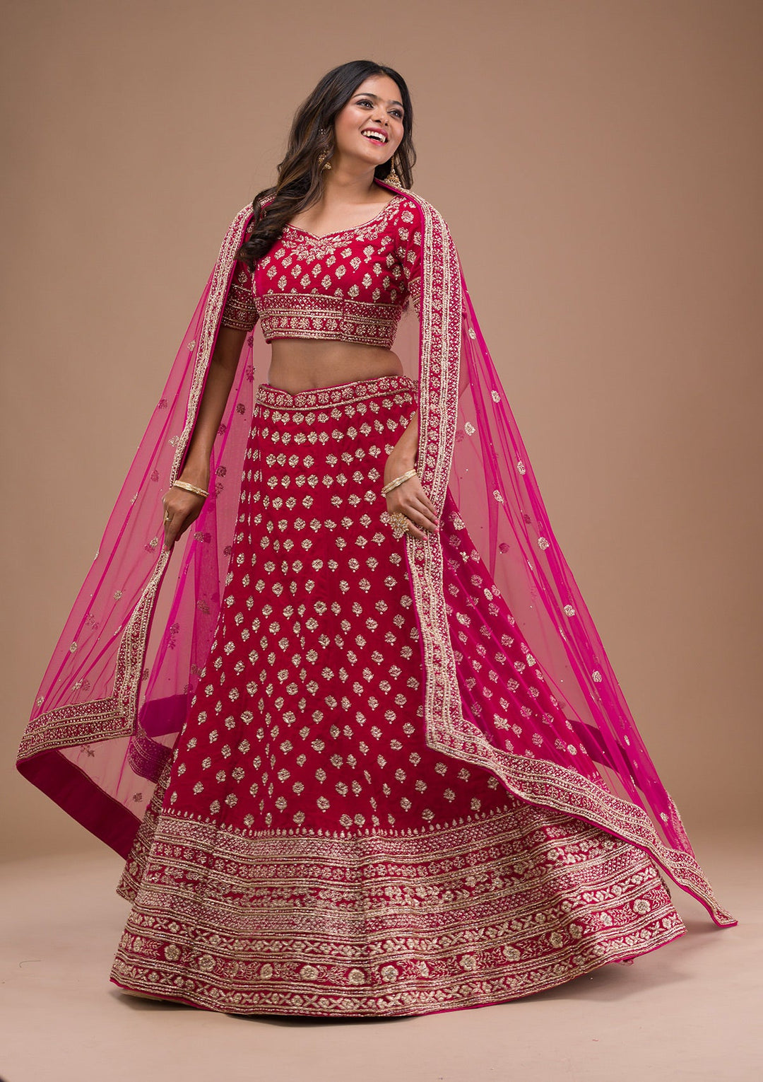 Red Zardosi Velvet Readymade Lehenga-Koskii