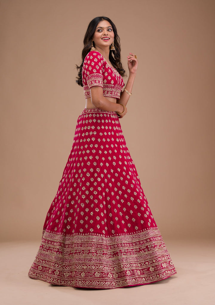 Red Zardosi Velvet Readymade Lehenga-Koskii