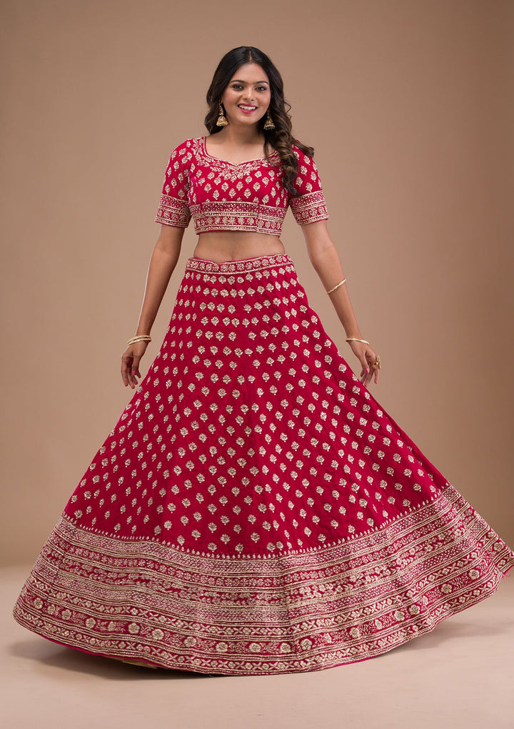 Red Zardosi Velvet Readymade Lehenga-Koskii
