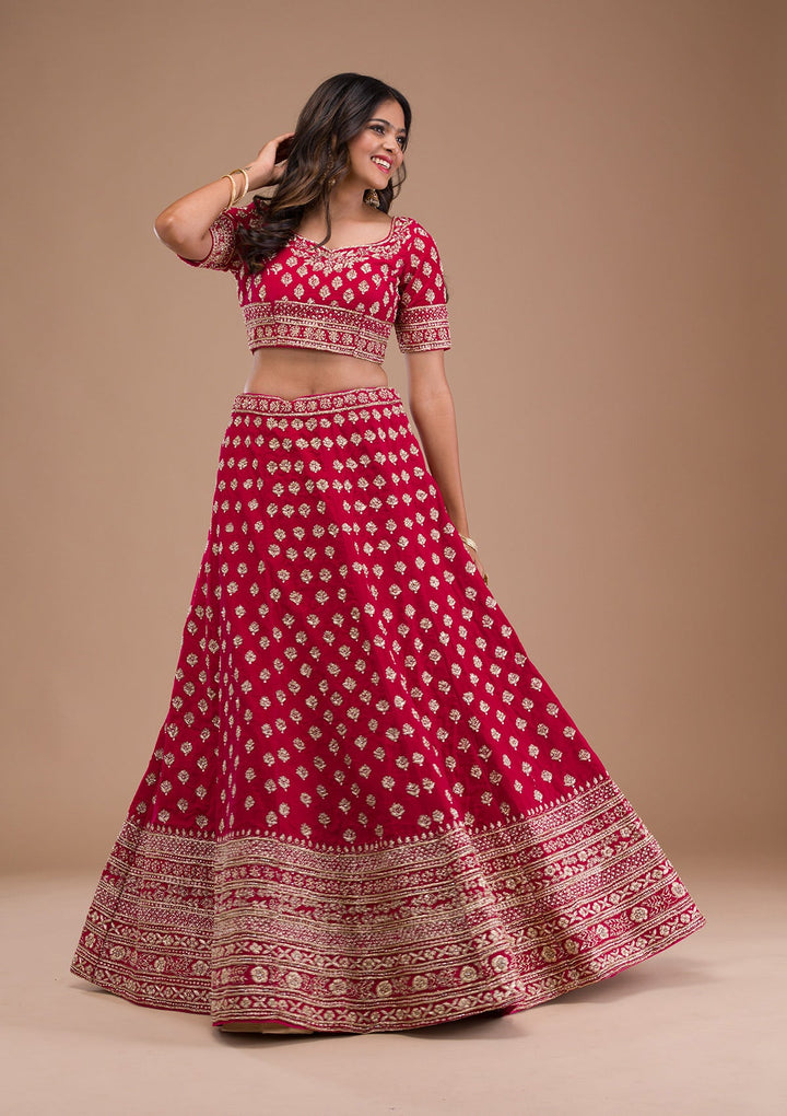 Red Zardosi Velvet Readymade Lehenga-Koskii