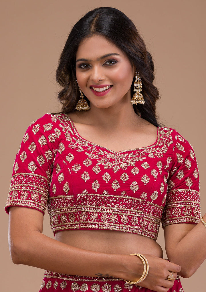 Red Zardosi Velvet Readymade Lehenga-Koskii