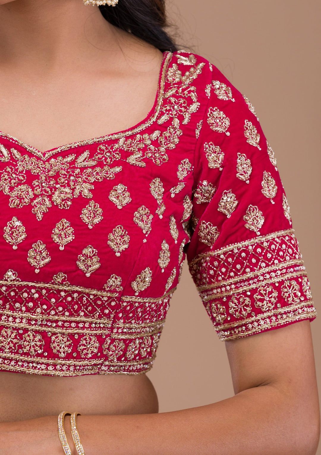 Red Zardosi Velvet Readymade Lehenga-Koskii