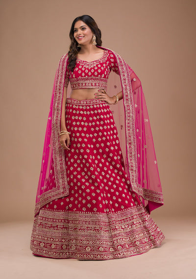 Red Zardosi Velvet Readymade Lehenga-Koskii