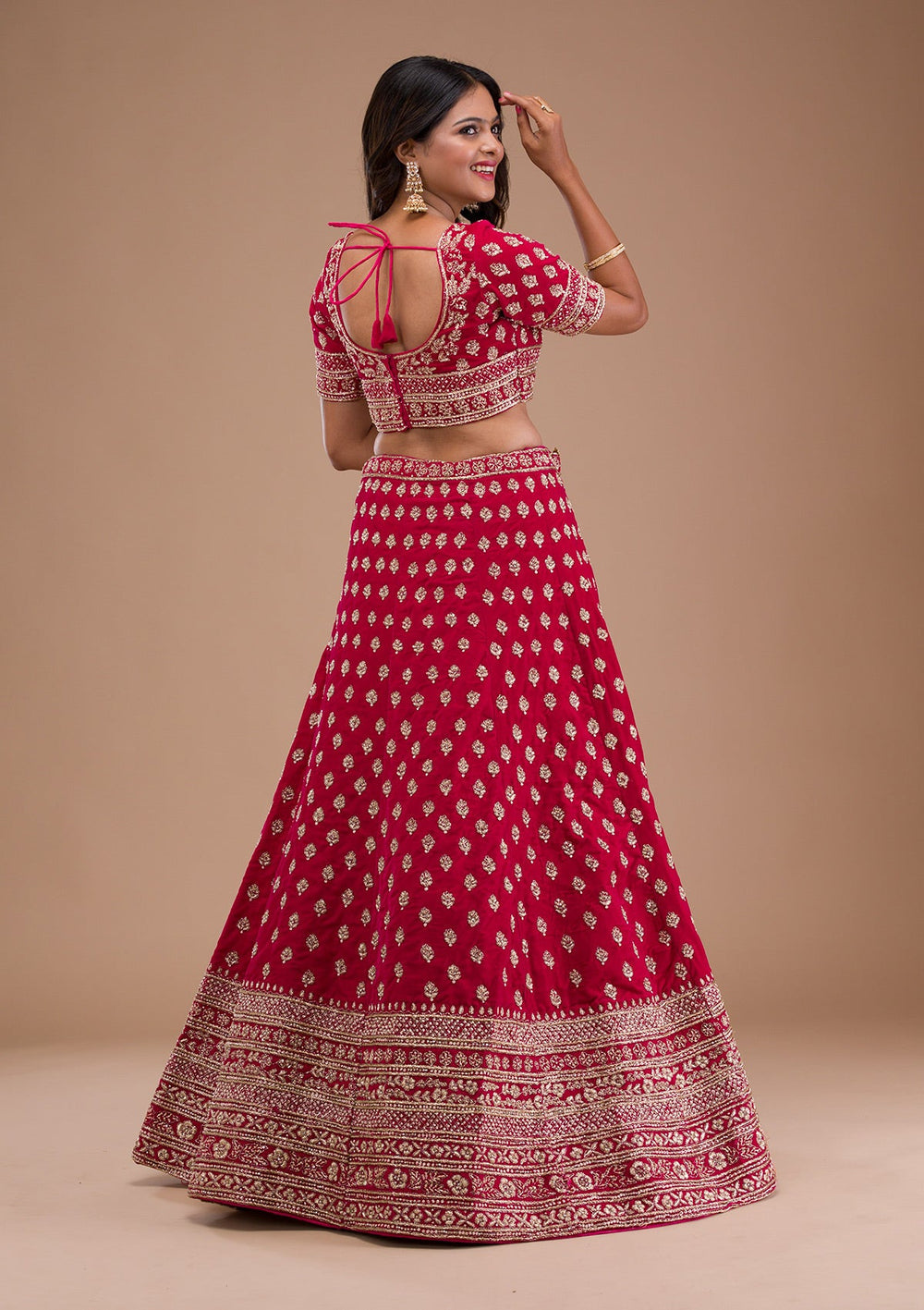Red Zardosi Velvet Readymade Lehenga-Koskii