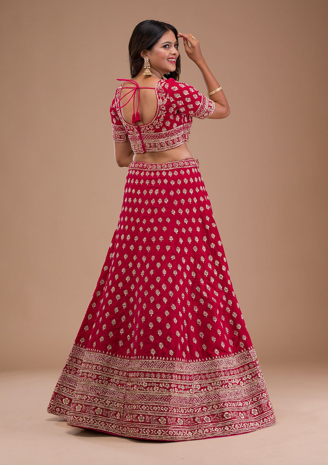 Red Zardosi Velvet Readymade Lehenga-Koskii