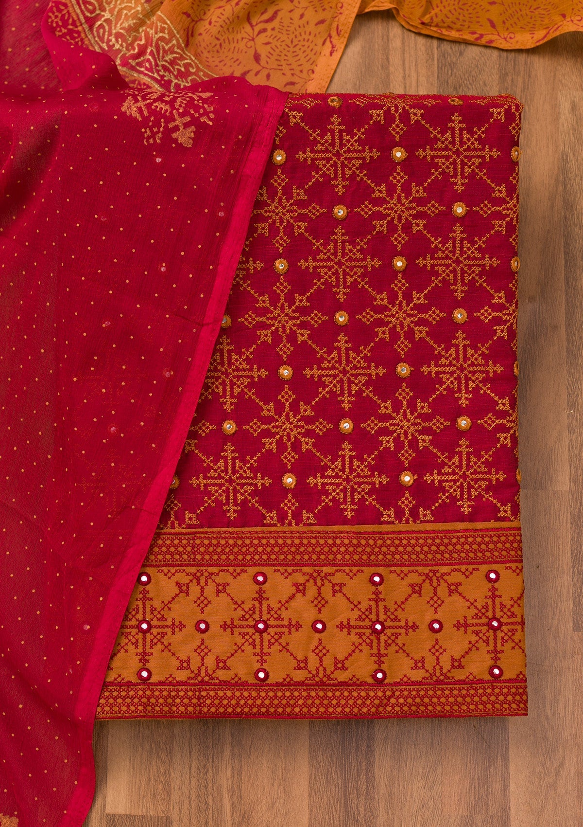 Red Zariwork Art Silk Unstitched Salwar Suit-Koskii