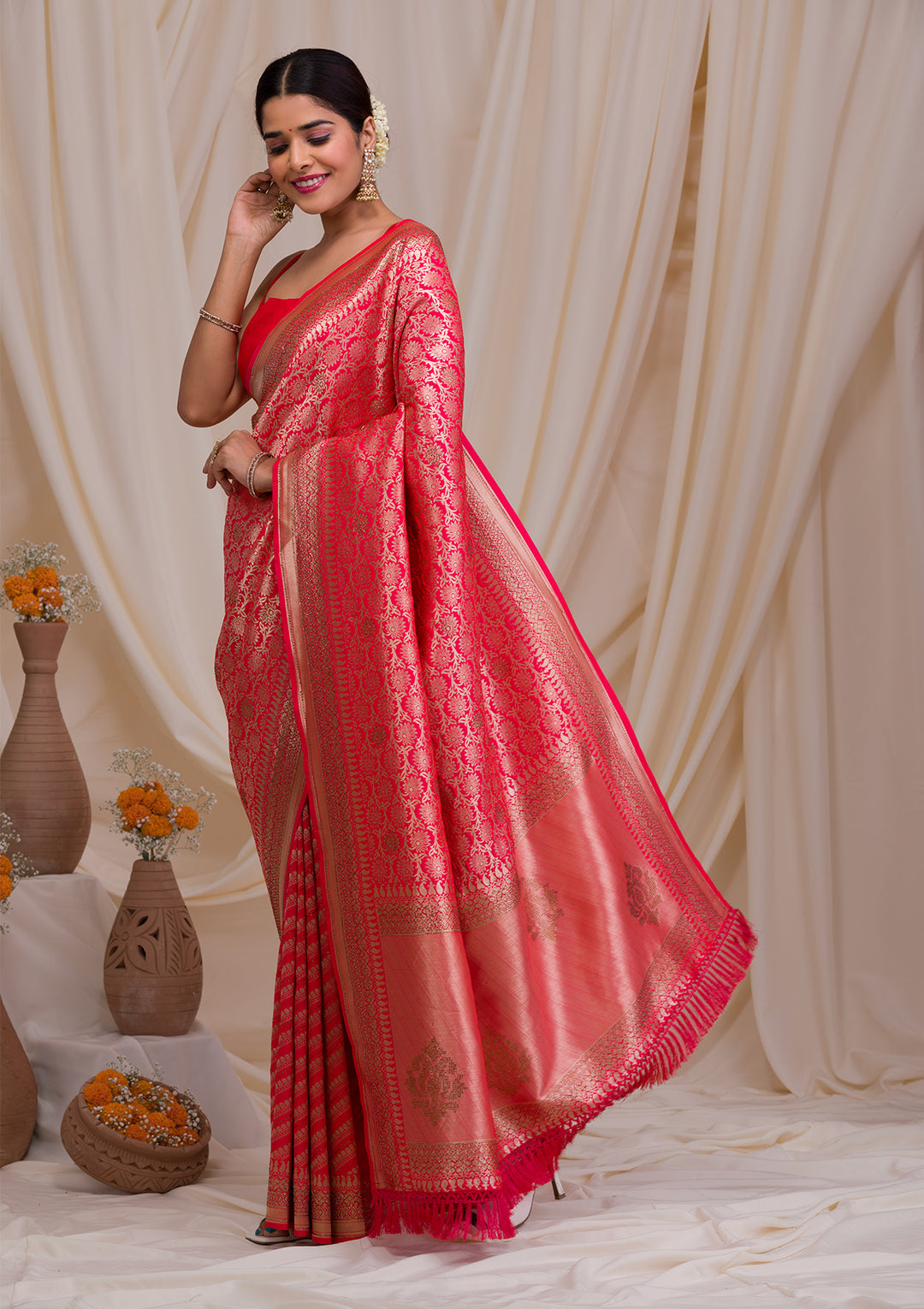 Red Zariwork Art Silk Saree-Koskii