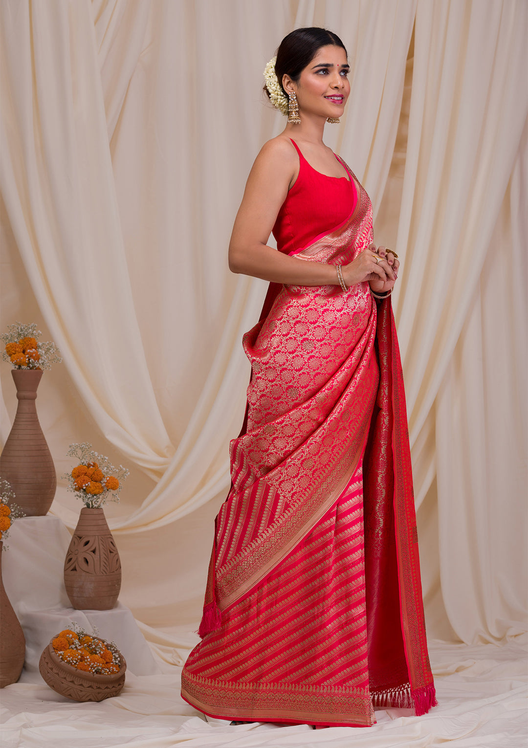 Red Zariwork Art Silk Saree-Koskii