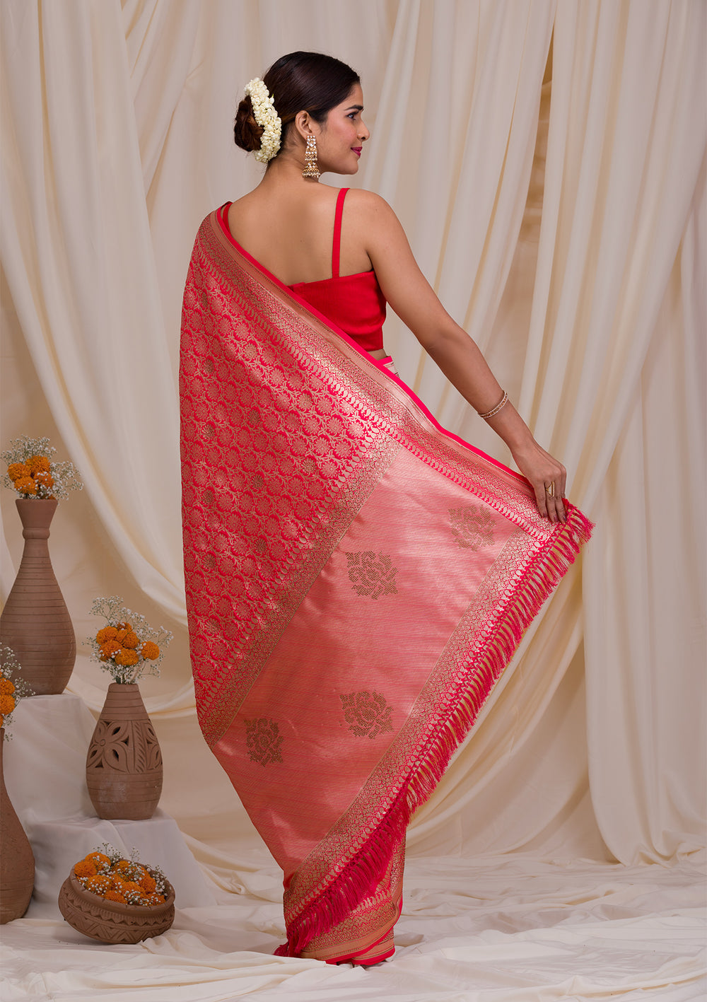 Red Zariwork Art Silk Saree-Koskii