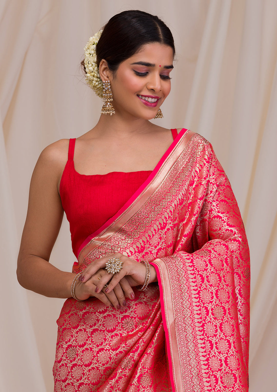 Red Zariwork Art Silk Saree-Koskii