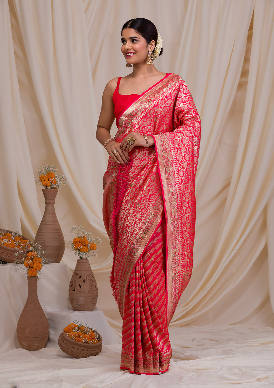 Red Zariwork Art Silk Saree-Koskii